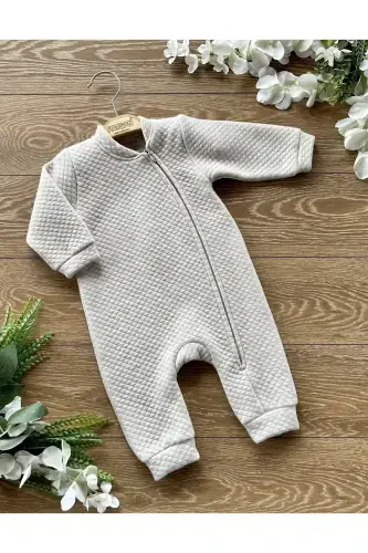 Basic Mevsimlik Fermuarlı Kapitone Işıltılı Bebek Tulum Bej-Bej - 1