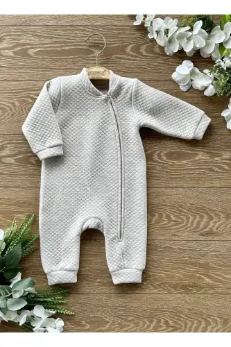 Basic Mevsimlik Fermuarlı Kapitone Işıltılı Bebek Tulum Bej-Bej - 3