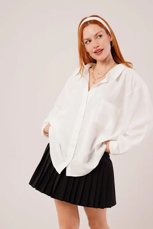 Basic Oversize Oq Ko'ylak - 4