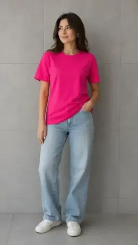 Basic Pamuklu Tişört Bisiklet Yaka Düz Renk Relaxed Fit T-Shirt - Fuşya - 1