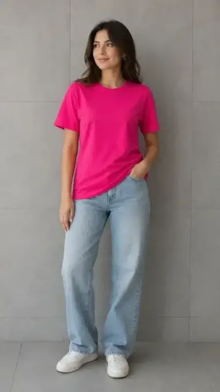 Basic Pamuklu Tişört Bisiklet Yaka Düz Renk Relaxed Fit T-Shirt - Fuşya - BÜYÜKBEDENIZ