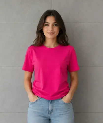 Basic Pamuklu Tişört Bisiklet Yaka Düz Renk Relaxed Fit T-Shirt - Fuşya - BÜYÜKBEDENIZ (1)