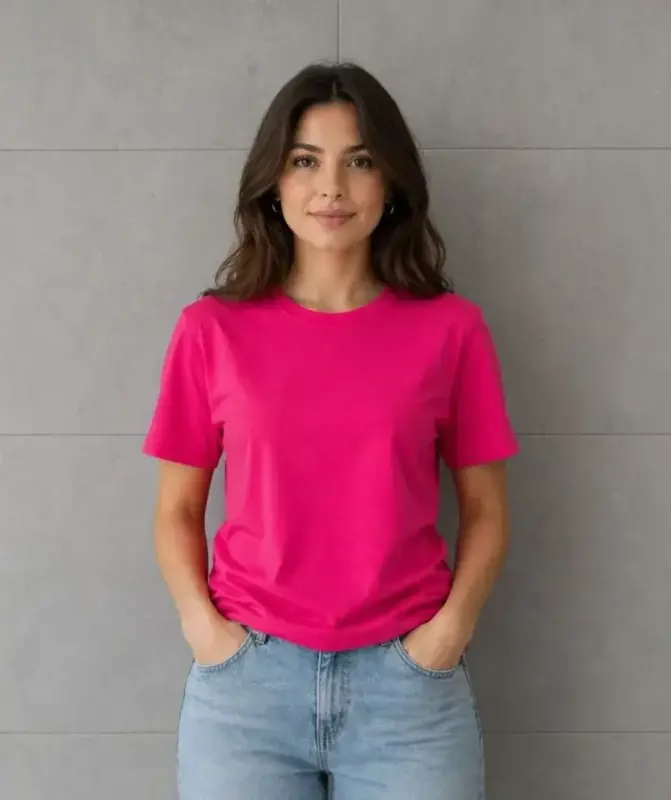 Basic Pamuklu Tişört Bisiklet Yaka Düz Renk Relaxed Fit T-Shirt - Fuşya - 2