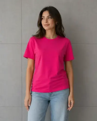 Basic Pamuklu Tişört Bisiklet Yaka Düz Renk Relaxed Fit T-Shirt - Fuşya - 4