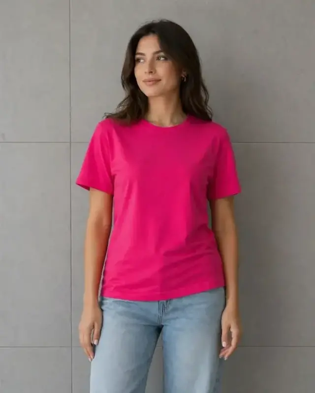 Basic Pamuklu Tişört Bisiklet Yaka Düz Renk Relaxed Fit T-Shirt - Fuşya - 4
