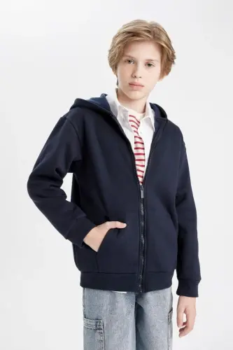Basic Plain Navy Blue Hooded Pockets Zippered School Cardigan Boys X7382A624AU - Navy Blue-NV253 - 7