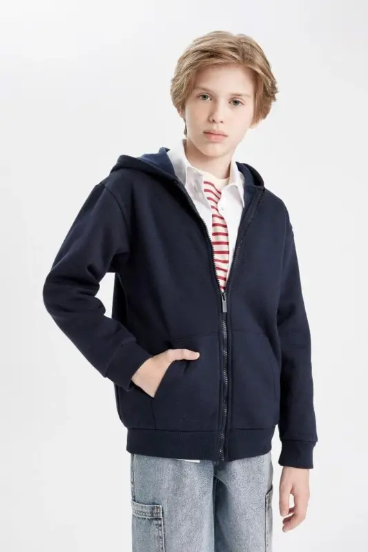 Basic Plain Navy Blue Hooded Pockets Zippered School Cardigan Boys X7382A624AU - Navy Blue-NV253 - 7