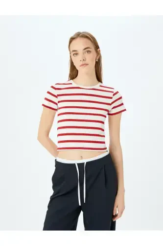 Basic Полосатый Велосипедный Воротник Короткий Рукав Кашкорс Slim Fit Женская Футболка-Красная Полоска - 5