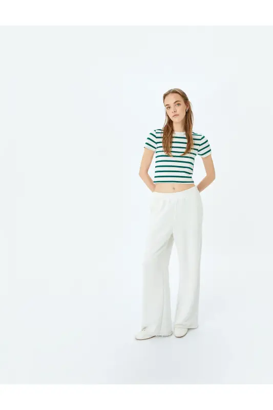 Basic Полосатый Велосипедный Воротник Зеленый Женский T-Shirt 5SAL10047IK-Зеленый Полосатый - 2