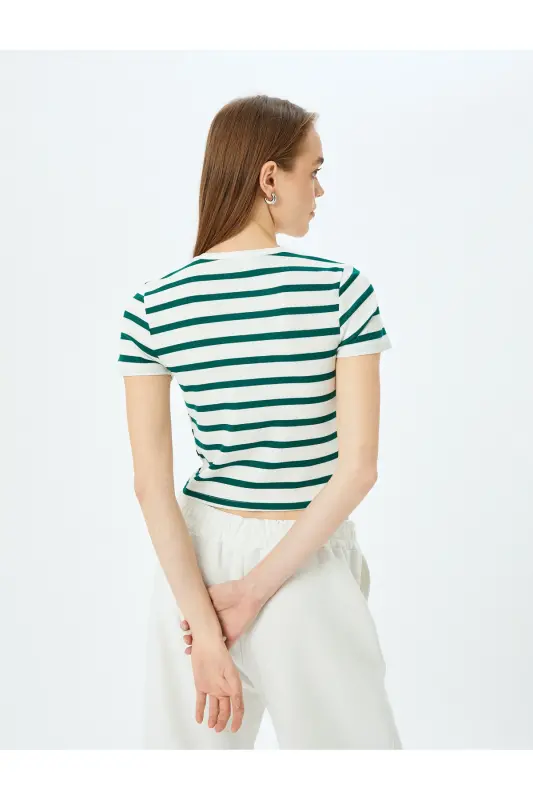 Basic Полосатый Велосипедный Воротник Зеленый Женский T-Shirt 5SAL10047IK-Зеленый Полосатый - 4