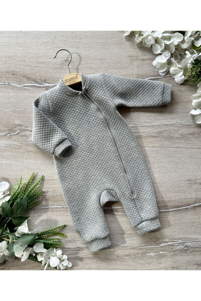 Basic Seasonal Zippered Quilted Shiny Baby Jumpsuit Grey - 2