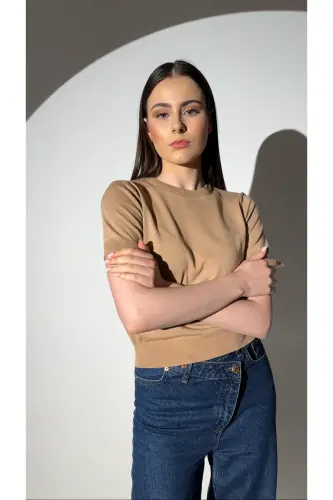 Basic Short Sleeve Knit Sweater-camel-camel - NEER (1)