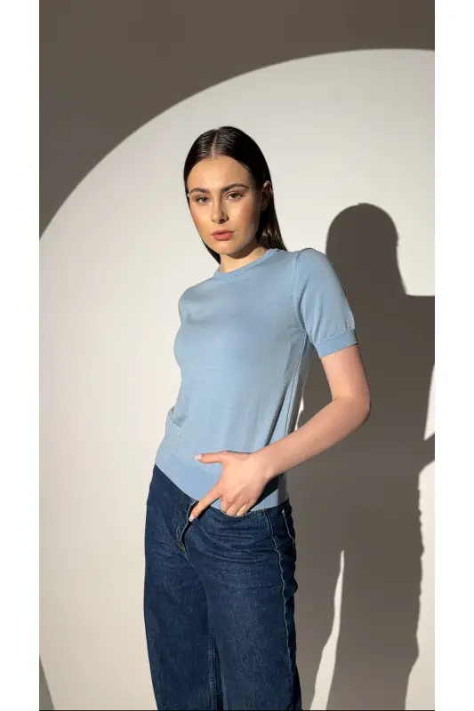 Basic Short Sleeve Knitted Sweater-blue-blue - 1