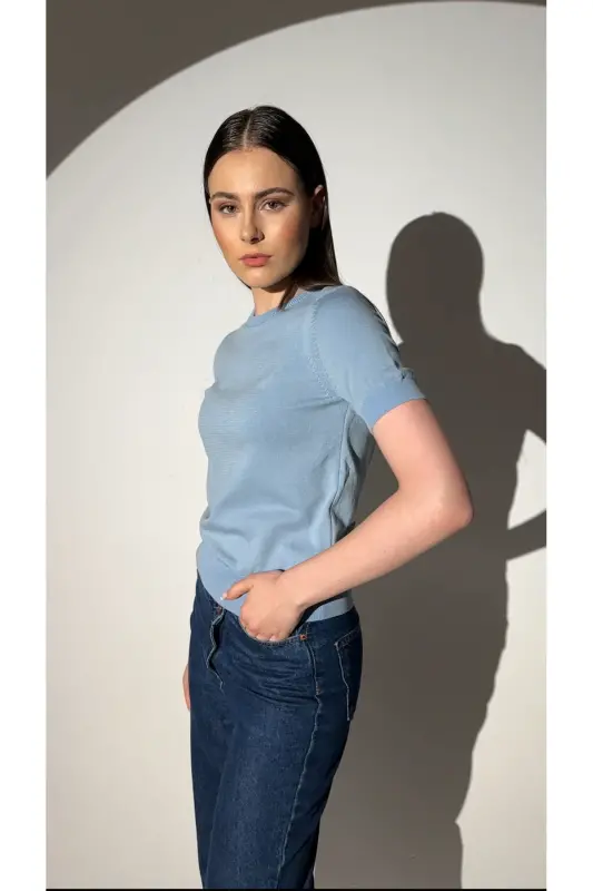 Basic Short Sleeve Knitted Sweater-blue-blue - 3