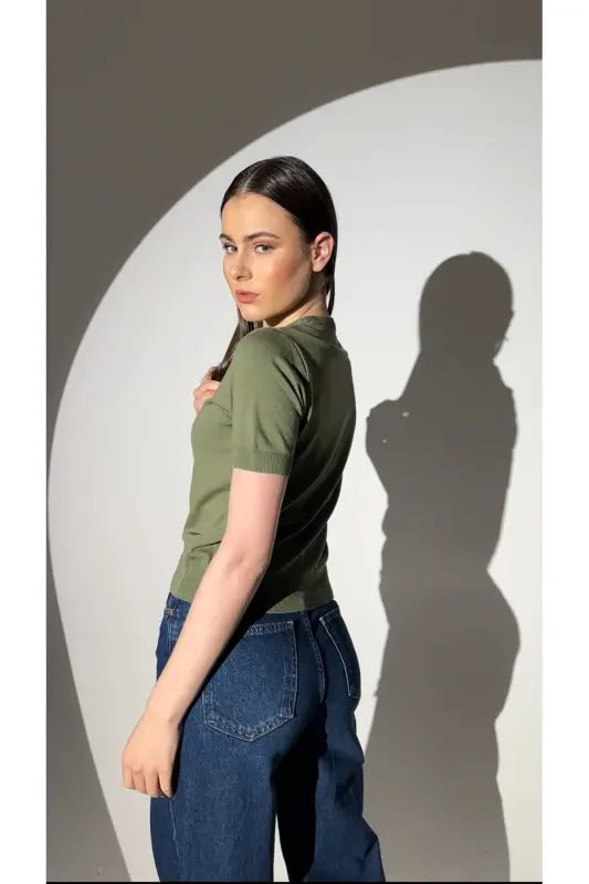 Basic Short Sleeve Knitted Sweater-Khaki-KHAKI - 2