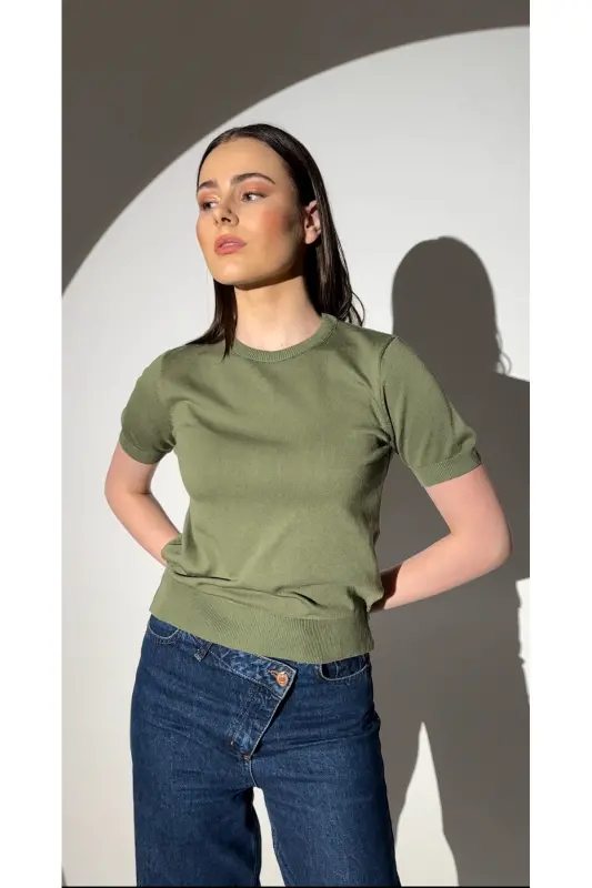 Basic Short Sleeve Knitted Sweater-Khaki-KHAKI - 3