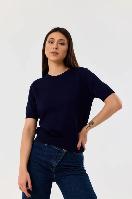 Basic Short Sleeve Knitwear Sweater-navy blue-NAVY BLUE - NEER