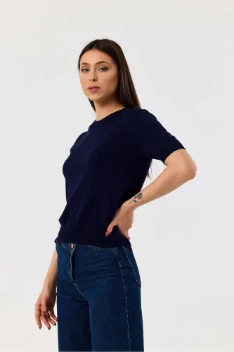 Basic Short Sleeve Knitwear Sweater-navy blue-NAVY BLUE - 4