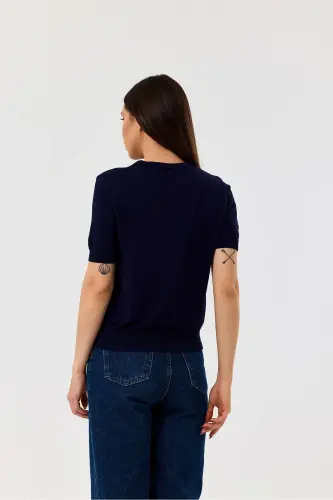 Basic Short Sleeve Knitwear Sweater-navy blue-NAVY BLUE - 5
