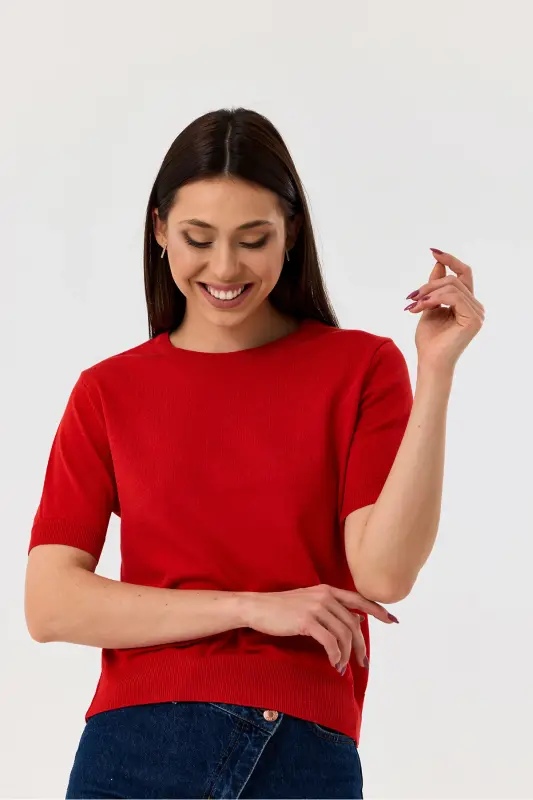 Basic Short Sleeve Knitwear Sweater-RED-RED - 2