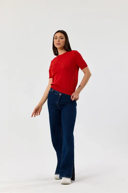 Basic Short Sleeve Knitwear Sweater-RED-RED - 3