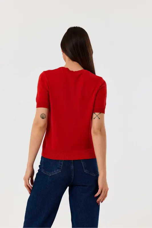 Basic Short Sleeve Knitwear Sweater-RED-RED - 5