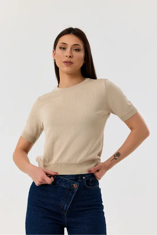 Basic Short Sleeve Knitwear Sweater-STONE-STONE - 1