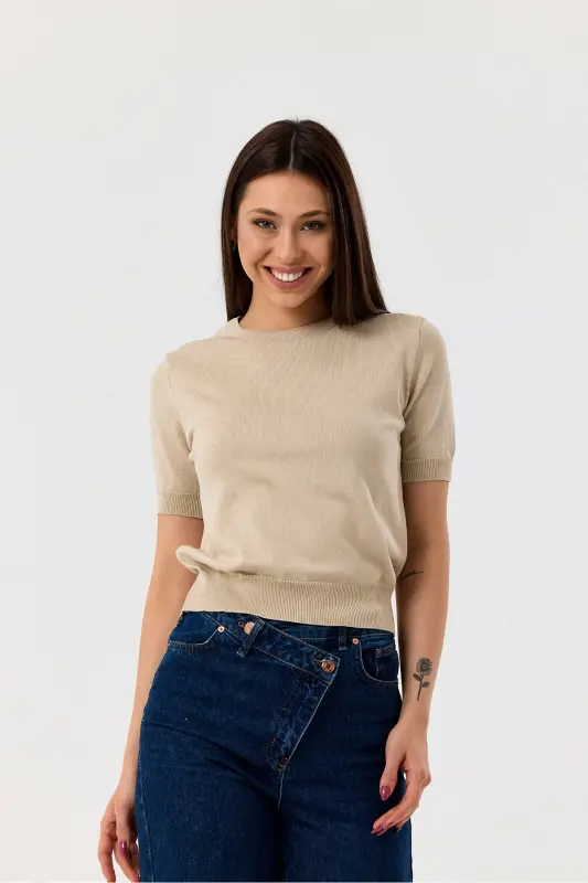 Basic Short Sleeve Knitwear Sweater-STONE-STONE - 2