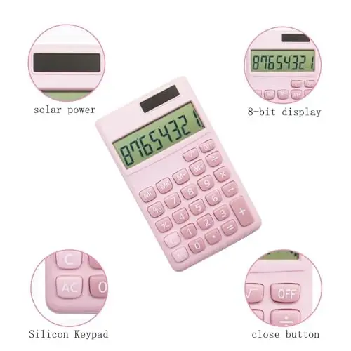 Basic Standard Calculators Small Digital Desktop Calculator with 8-Digit LCD Display, Battery Solar Power Smart Calculator Pocket Size for Kids for Home School (Pink Blue 2pcs) - YAMHOHO (1)