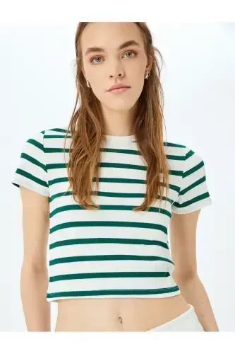 Basic Striped Crew Neck Green Women's T-Shirt 5SAL10047IK-Green Striped - 1
