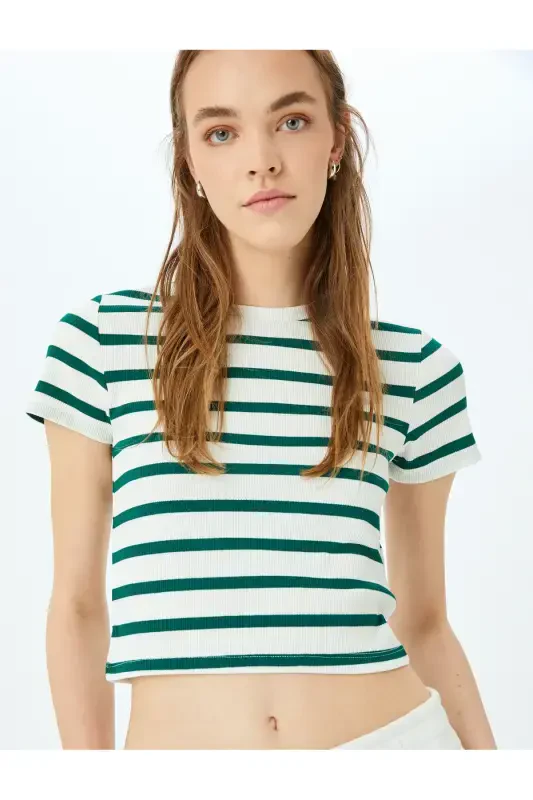 Basic Striped Crew Neck Green Women's T-Shirt 5SAL10047IK-Green Striped - 1