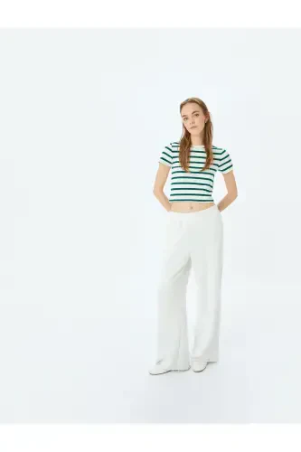 Basic Striped Crew Neck Green Women's T-Shirt 5SAL10047IK-Green Striped - KOTON (1)