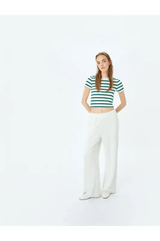 Basic Striped Crew Neck Green Women's T-Shirt 5SAL10047IK-Green Striped - 2