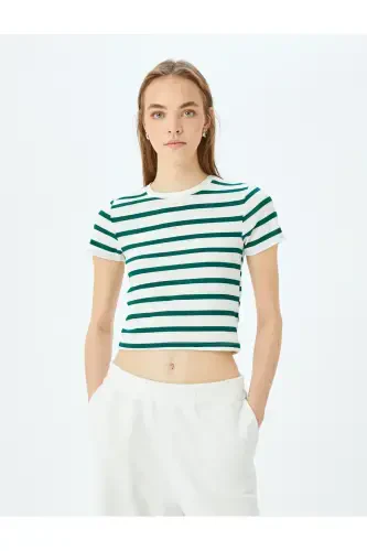 Basic Striped Crew Neck Green Women's T-Shirt 5SAL10047IK-Green Striped - 3