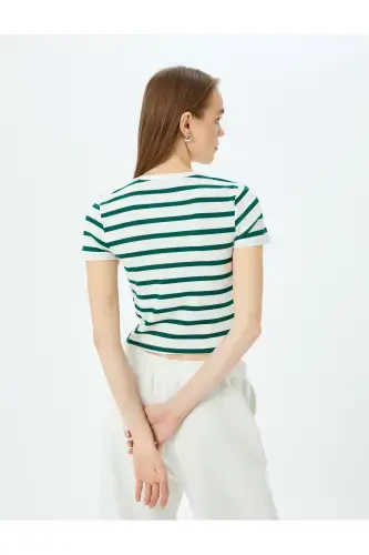 Basic Striped Crew Neck Green Women's T-Shirt 5SAL10047IK-Green Striped - 4