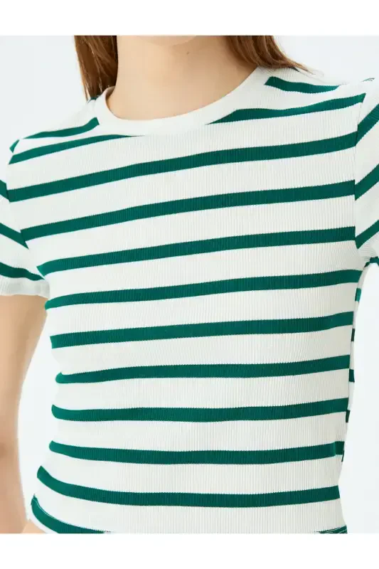 Basic Striped Crew Neck Green Women's T-Shirt 5SAL10047IK-Green Striped - 5