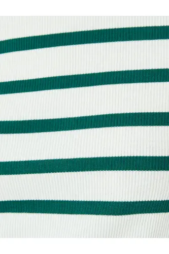 Basic Striped Crew Neck Green Women's T-Shirt 5SAL10047IK-Green Striped - 6