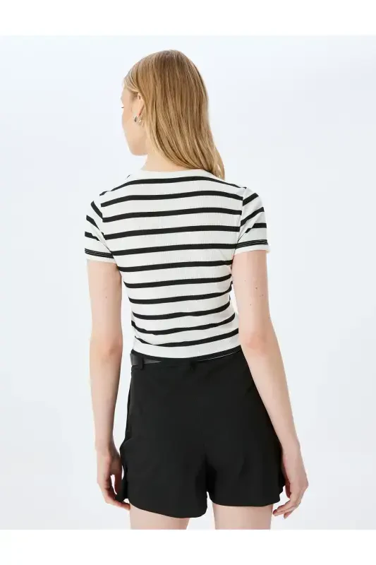 Basic Striped Crew Neck Short Sleeve Ribbed Slim Fit Women's T-Shirt-Ecru Striped - 4