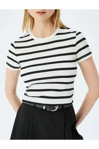 Basic Striped Crew Neck Short Sleeve Ribbed Slim Fit Women's T-Shirt-Ecru Striped - 5