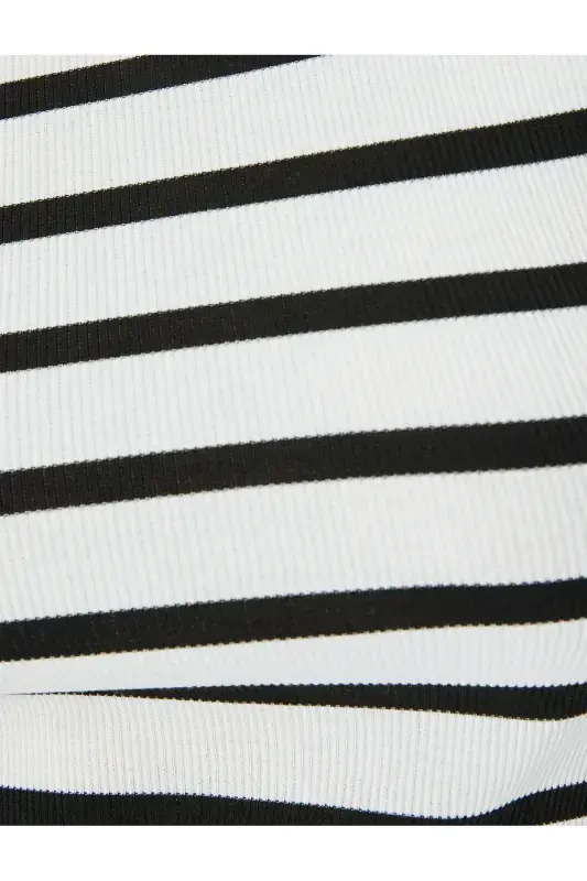 Basic Striped Crew Neck Short Sleeve Ribbed Slim Fit Women's T-Shirt-Ecru Striped - 6