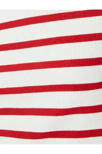Basic Striped Crew Neck Short Sleeve Ribbed Slim Fit Women's T-Shirt-Red Striped - KOTON (1)