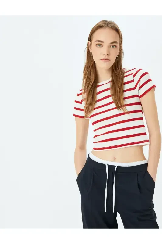 Basic Striped Crew Neck Short Sleeve Ribbed Slim Fit Women's T-Shirt-Red Striped - 3