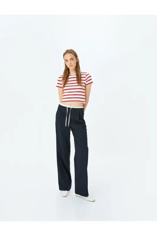 Basic Striped Crew Neck Short Sleeve Ribbed Slim Fit Women's T-Shirt-Red Striped - 4
