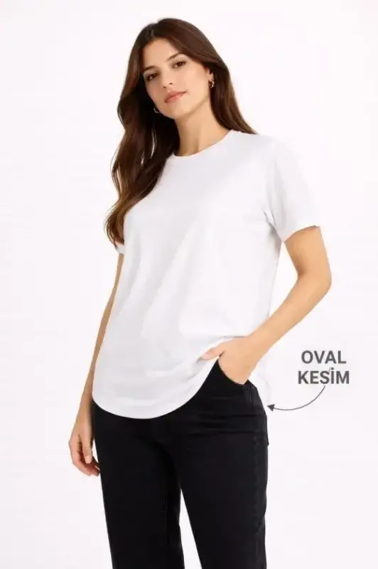 Basic T-Shirt Kısa Kol Bisiklet Yaka Oval Kesim Tişört - Beyaz - BÜYÜKBEDENIZ