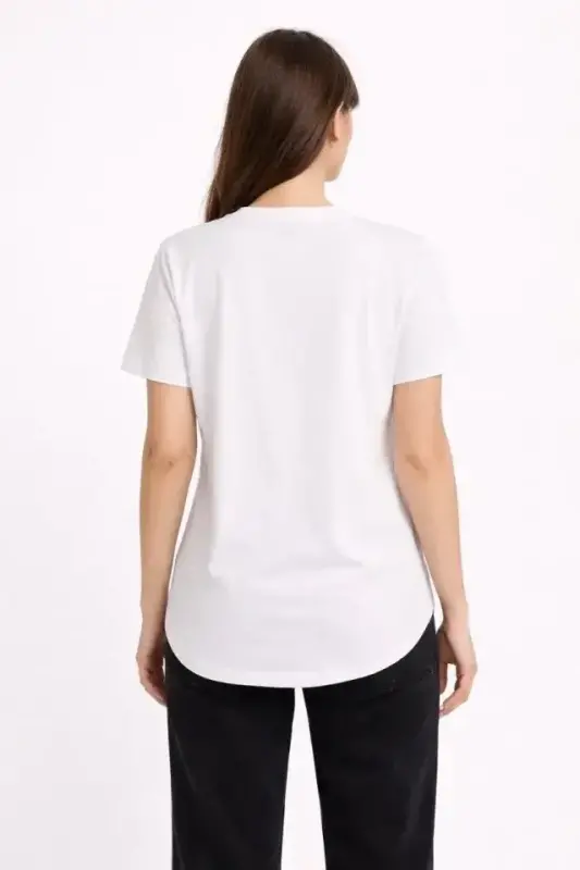 Basic T-Shirt Kısa Kol Bisiklet Yaka Oval Kesim Tişört - Beyaz - 2