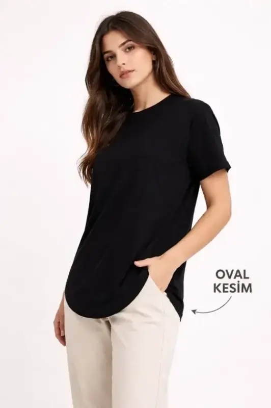 Basic T-Shirt Kısa Kol Bisiklet Yaka Oval Kesim Tişört - Siyah - 1