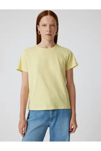 Basic T-Shirt Short Sleeve Crew Neck Cotton-Yellow - 3