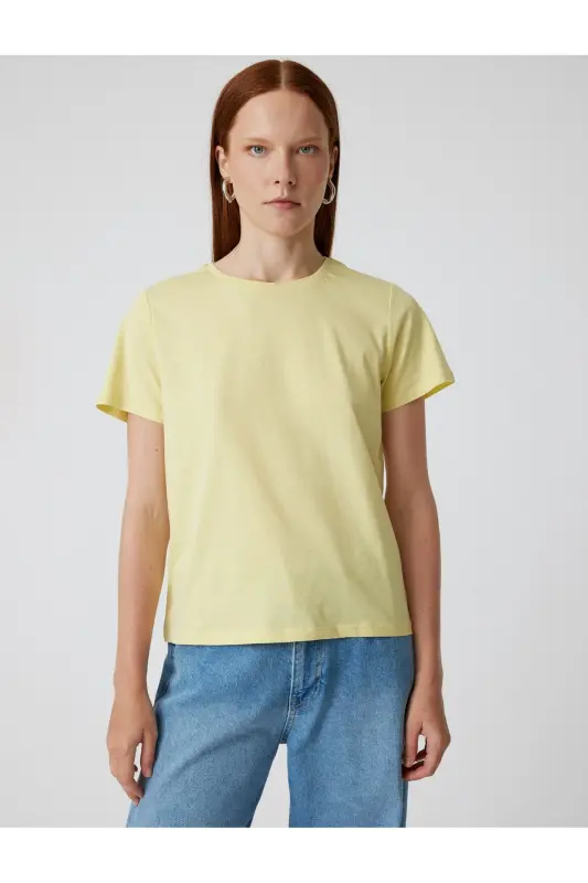 Basic T-Shirt Short Sleeve Crew Neck Cotton-Yellow - 3