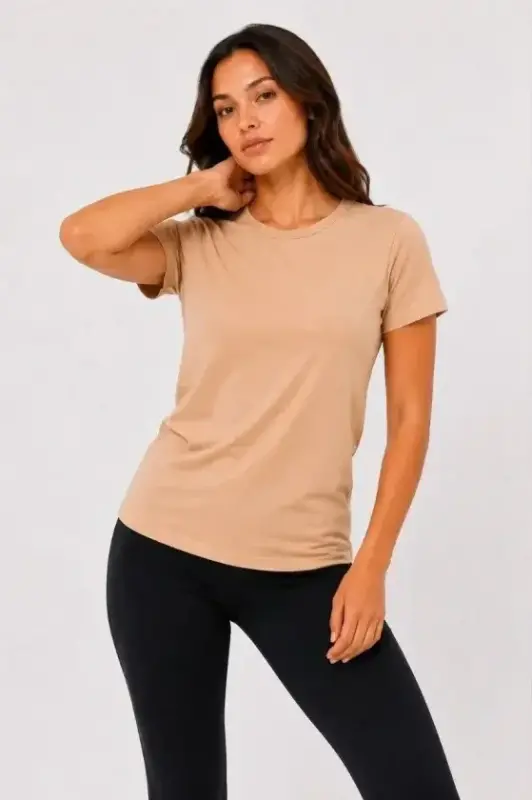 Basic Tişört Bisiklet Yaka Kısa Kol Günlük Yazlık Slim Fit T-Shirt - Bej - BÜYÜKBEDENIZ