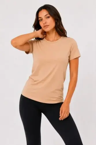 Basic Tişört Bisiklet Yaka Kısa Kol Günlük Yazlık Slim Fit T-Shirt - Bej - 1